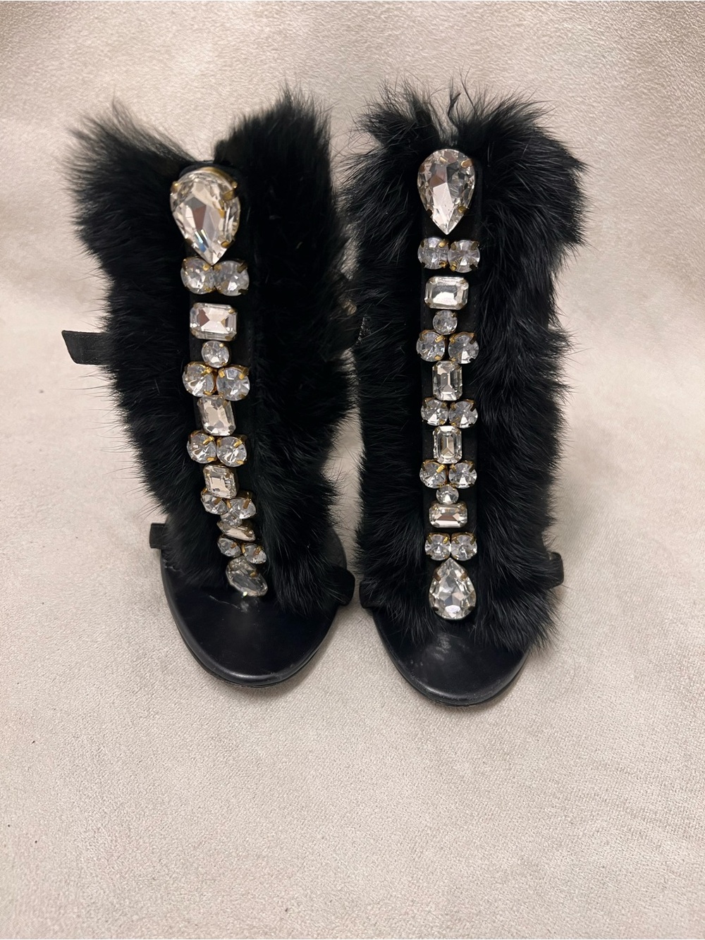 Dsquared2 Black Faux Fur Jeweled Open-Toe Heels